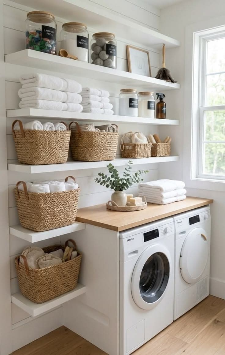 Buanderie : piles de linge blanc sur étagères, paniers en osier, lave-linge et sèche-linge