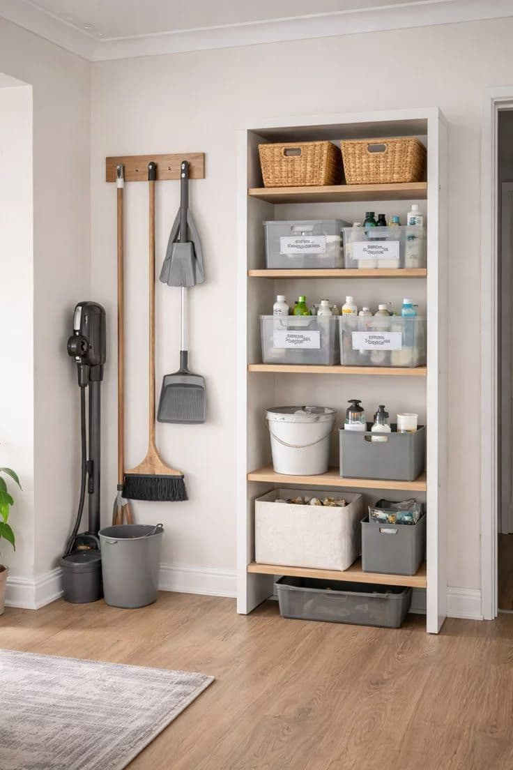 Rangement d'entretien : balais et aspirateur accrochés au mur, produits classés en bacs sur une étagère